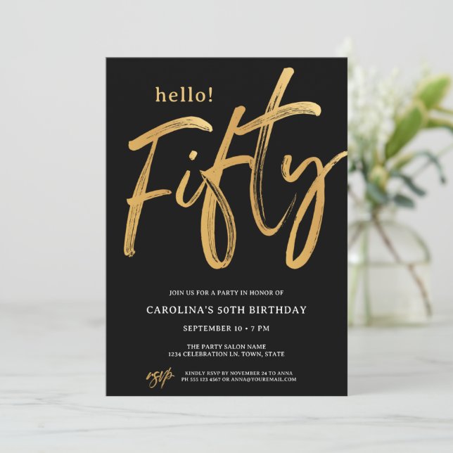 Convite de festa Fifty Fiftieth Hello Preto Modern (Em pé/Frente)