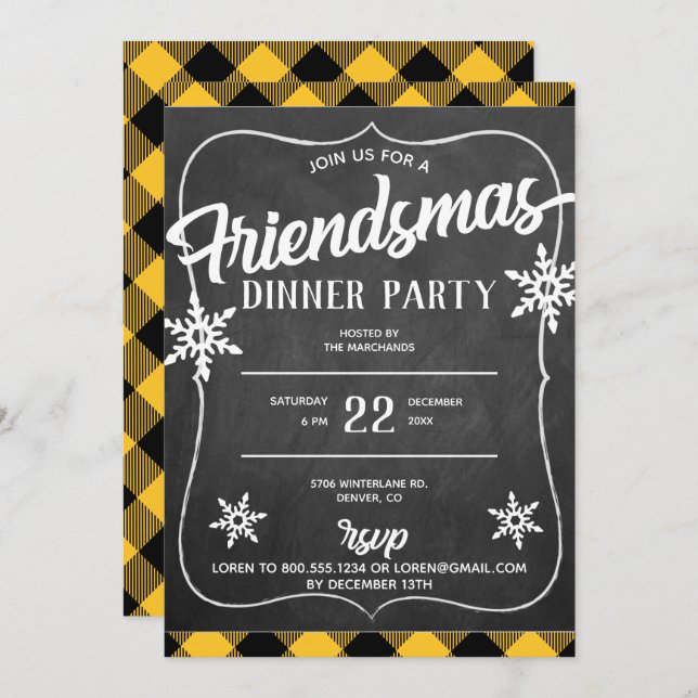 Convite de festa Friendsmas em Xadrez Amarelo de B (Frente/Verso)