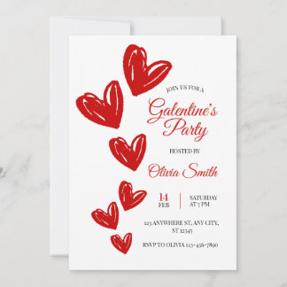 Convite de festa galentines com corações vermelhos