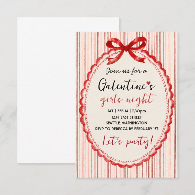 Convite de festa Galentines personalizado com laço (Frente/Verso)