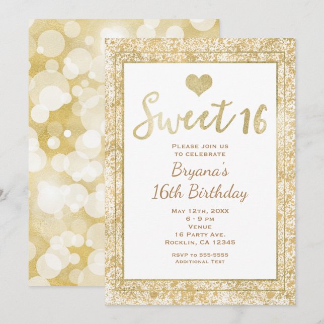 Convite de festa Glam SWEET 16 Coração Dourado e B (Frente/Verso)