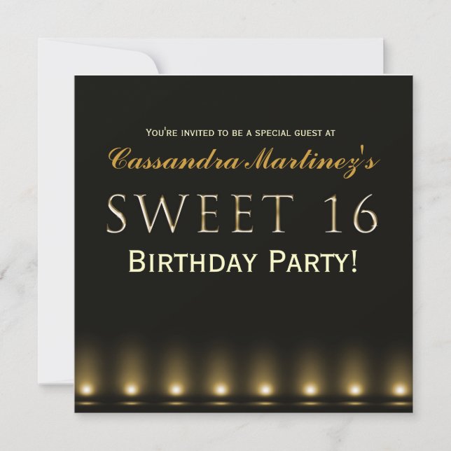 Convite de Festa Hollywood Black Gold SWEET 16 (Frente)