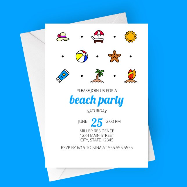 Convite de festa Ícones da Praia (Minimalist Modern Beach Line Icons Beach Party Invitation)