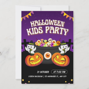 Convite de Festa Infantil de Halloween Roxo e Pret