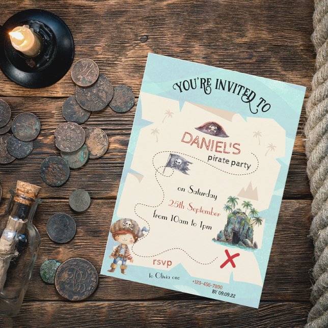 Convite de Festa Infantil Mapa do Tesouro Pirata (Criador carregado)