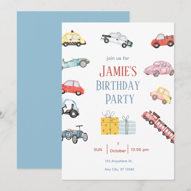 Convite de Festa Infantil Tema Veículo Fofo (Frente/Verso)