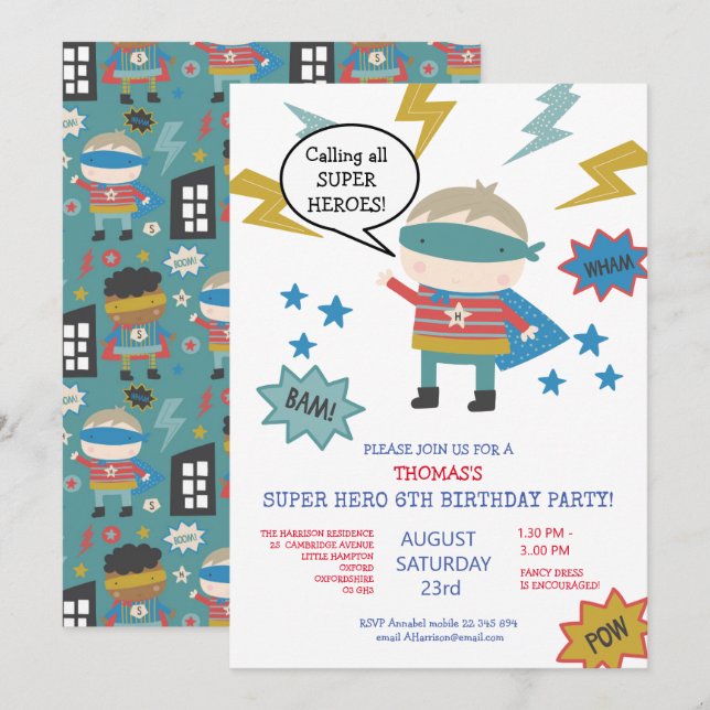 Convite de Festa Infantil Temático de Super Herói  (Frente/Verso)