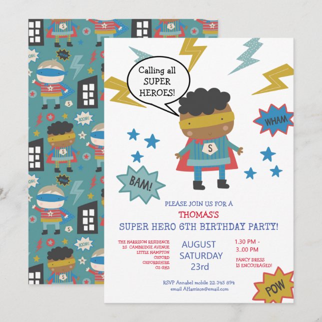Convite de Festa Infantil Temático de Super Herói  (Frente/Verso)