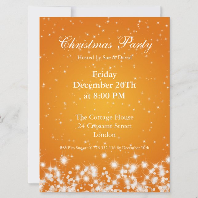 Convite de Festa Laranja Elegante Brilho de Invern (Frente)