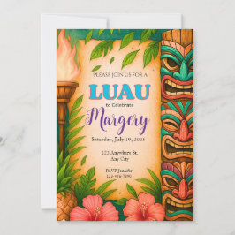 Convite de Festa Luau, Invi Tiki Tropical Editável