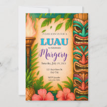 Convite de Festa Luau, Tiki Tropical Editável Invi