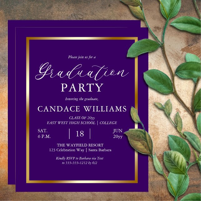 Convite de Festa Minimalista de Quadro Dourado Orç (BUDGET Gold Tone Frame Purple Minimalist Graduation Party Invitation)