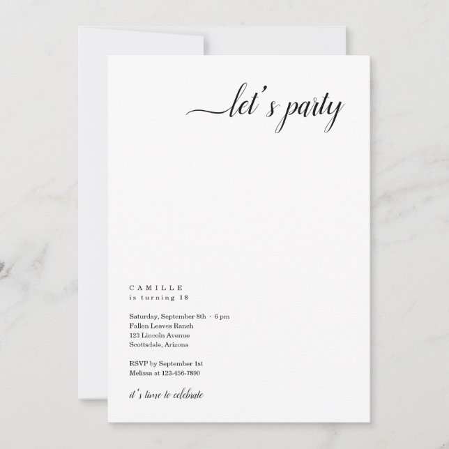 Convite de Festa Moderno e Minimalista Let's Party (Frente)