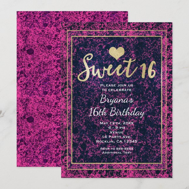 Convite de festa moderno Sweet 16 dourado rosa e p (Frente/Verso)