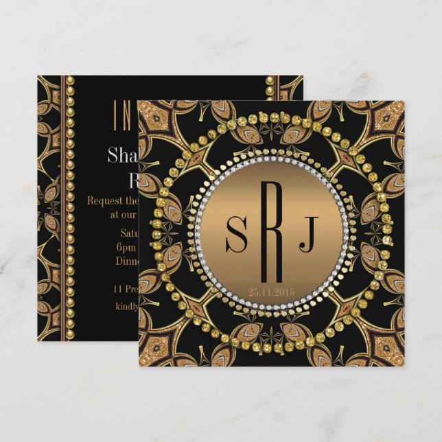 Convite de Festa Monograma Preto Dourado Art Déco  (Frente/Verso)