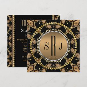 Convite de Festa Monograma Preto Dourado Batik Art