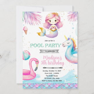 convite de festa na piscina de sereia unicórnio