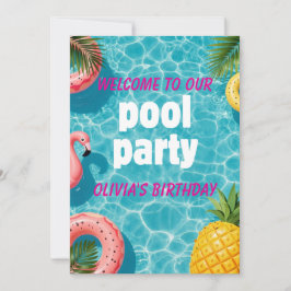 Convite de Festa na Piscina Flamingo Diversão Trop