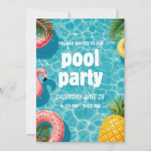 Convite de Festa na Piscina Flamingo Diversão Trop