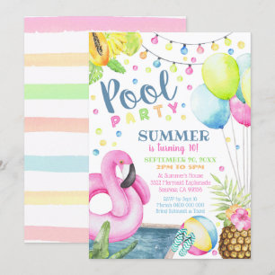 Convite de Festa na Piscina Menina Flamingo Aquare