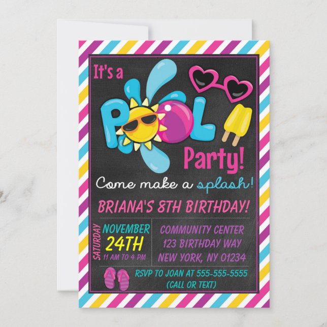 Convite de Festa na Piscina para uma Menina (Frente)