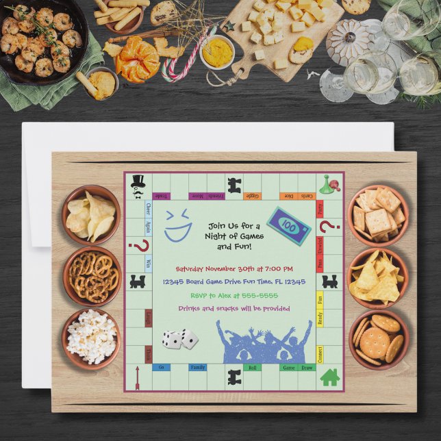 Convite de Festa Noturna de Jogos de Tabuleiro Div (Casual and Fun Board Game Night Party Invitation)