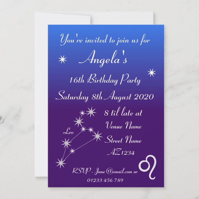 Convite de festa personalizado de Zodíaco Leão Gal (Frente)
