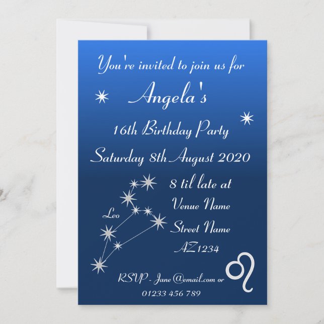 Convite de Festa Personalizado Zodíaco Leão Galáxi (Frente)