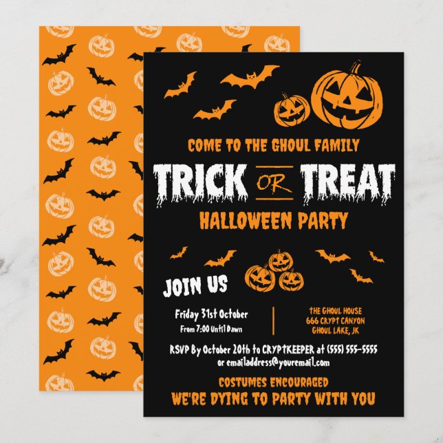 Convite de Festa Personalizável 'Trick or Treat' A (Frente/Verso)