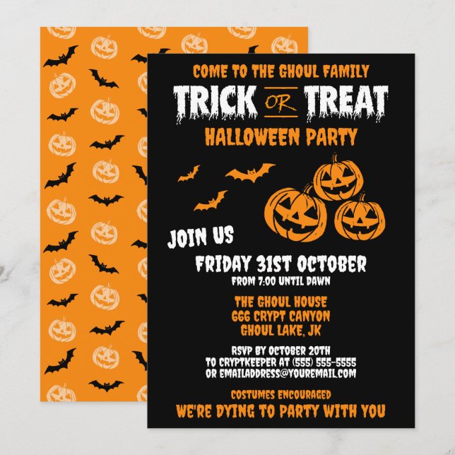 Convite de Festa Personalizável 'Trick or Treat' B (Frente/Verso)
