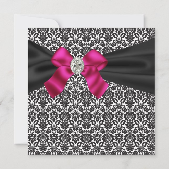 Convite de Festa Pink Black Damask de Black Tie Pa (Frente)