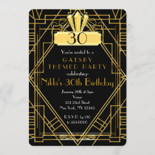 Convite de festa preto e dourado Art Deco