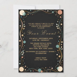 Convite de festa preto e dourado elegante