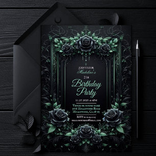 Convite de Festa Preto e Verde com Floral Elegante