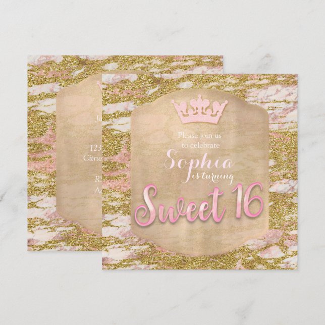 Convite de Festa Princesa Rosa Dourado Sweet 16 (Frente/Verso)