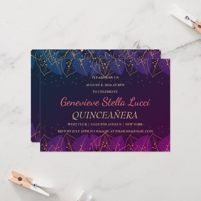 Convite de festa Quinceañera botânico em dourado c (Frente/Verso In Situ)
