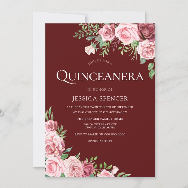 Convite de Festa Quinceanera Floral Bege e Borgonh (Frente)
