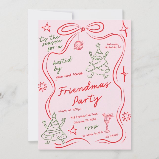 Convite de festa Quirky Doodle Christmas Friendmas (Frente)