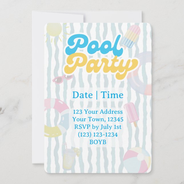 Convite de Festa Retro à Beira da Piscina de Verão (Frente)