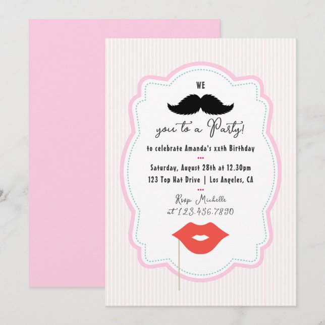 Convite de festa retrô rosa excêntrico com bigode (Frente/Verso)