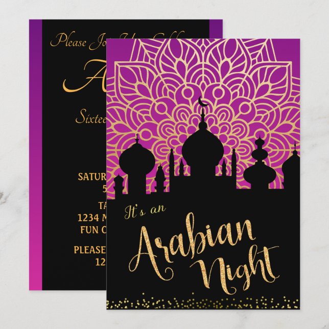 Convite de festa roxo e preto para Noite Árabe (Frente/Verso)