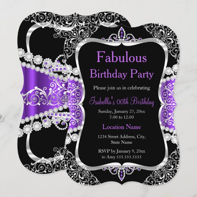 Convite de festa roxo prata preto fabuloso (Frente/Verso)