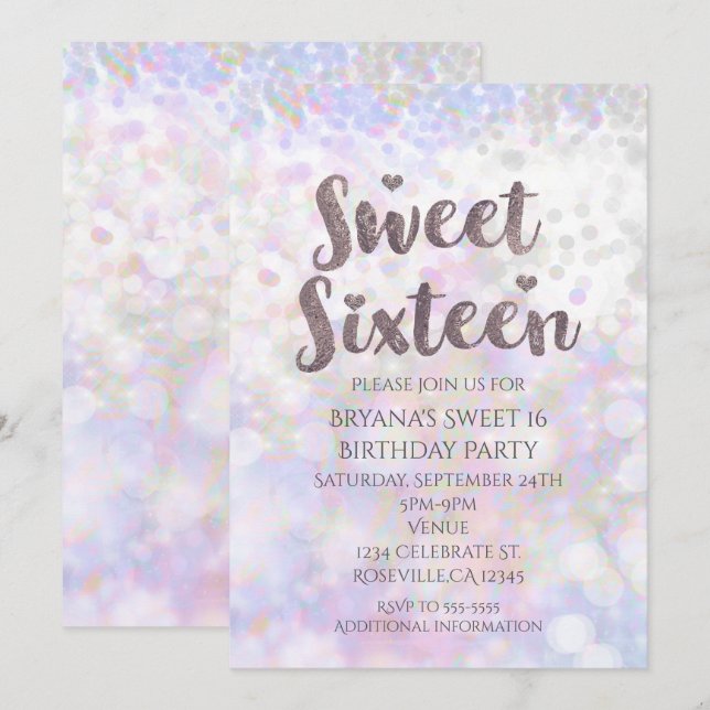 Convite de festa Sweet 16 Brilho Branco Iridescent (Frente/Verso)