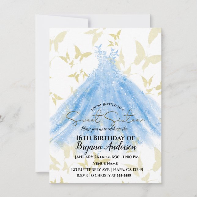 Convite de Festa Sweet 16 Dança de Borboleta Azul  (Frente)