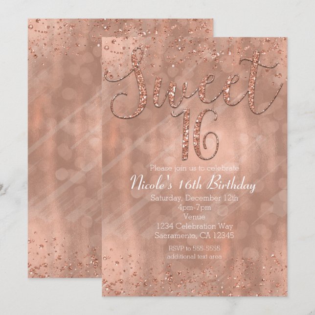 Convite de Festa Sweet 16 Rosa Dourado Glamour (Frente/Verso)