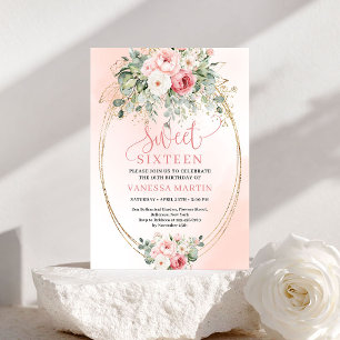Convite de festa Sweet Sixteen floral com blush mo