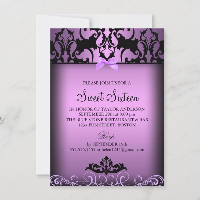 Convite de festa Sweet Sixteen roxo elegante em da (Frente)