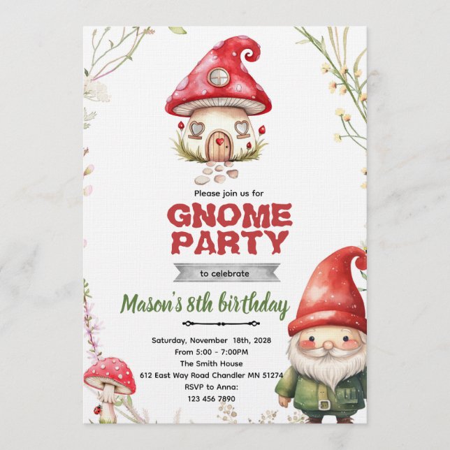 convite de festa tema gnomo (Frente)