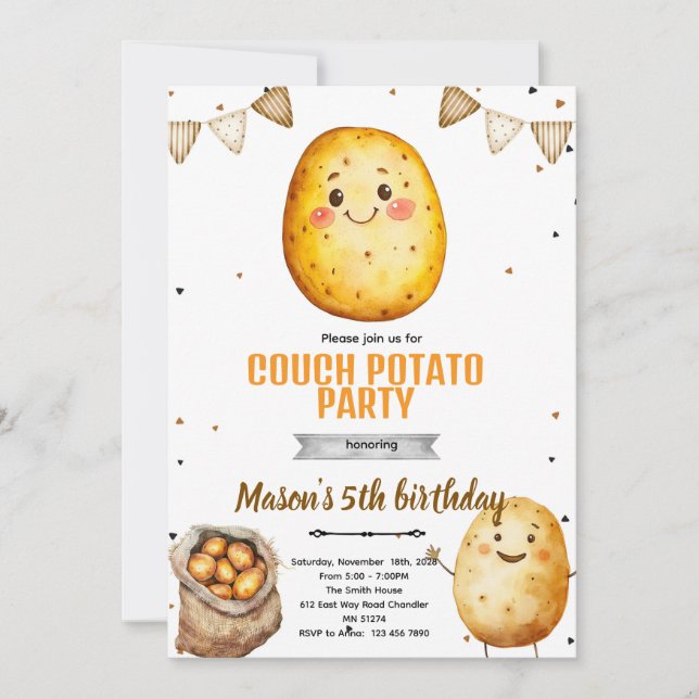 Convite de festa temática de aniversário de batata (Frente)
