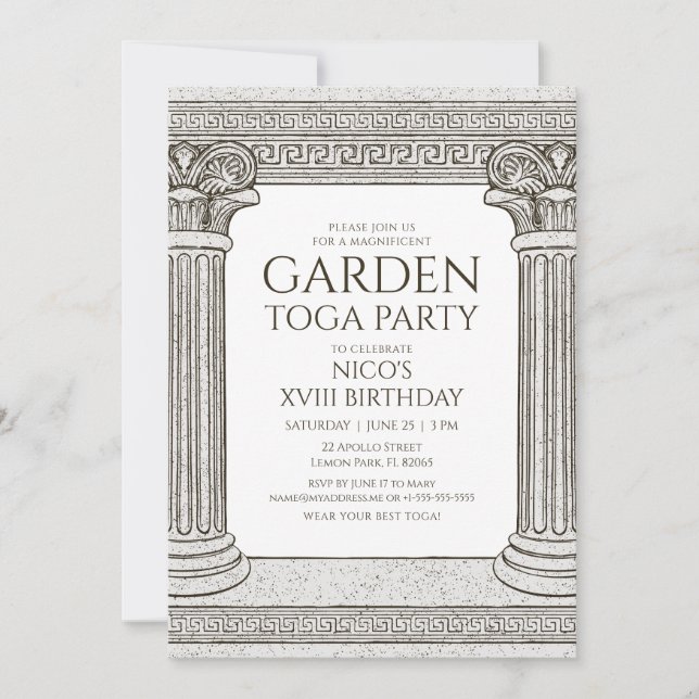 Convite de festa toga de jardim com colunas de ped (Frente)